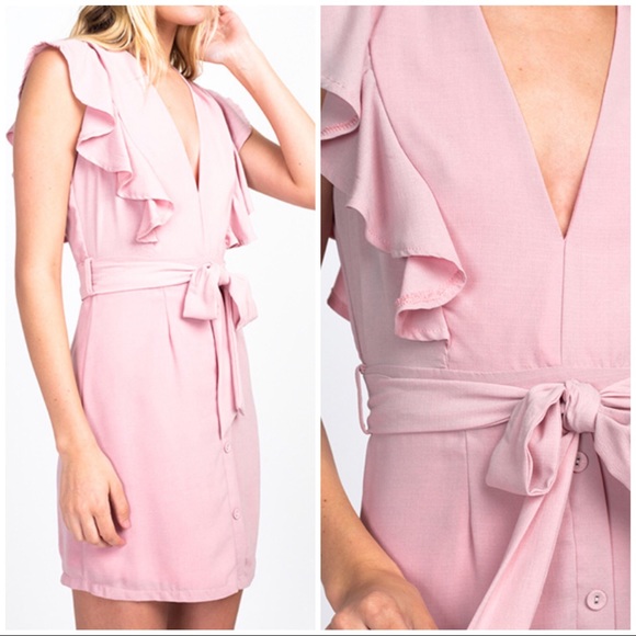 Dusty Pink Ruffle Sleeveless Tie Button Dress - Picture 2 of 8